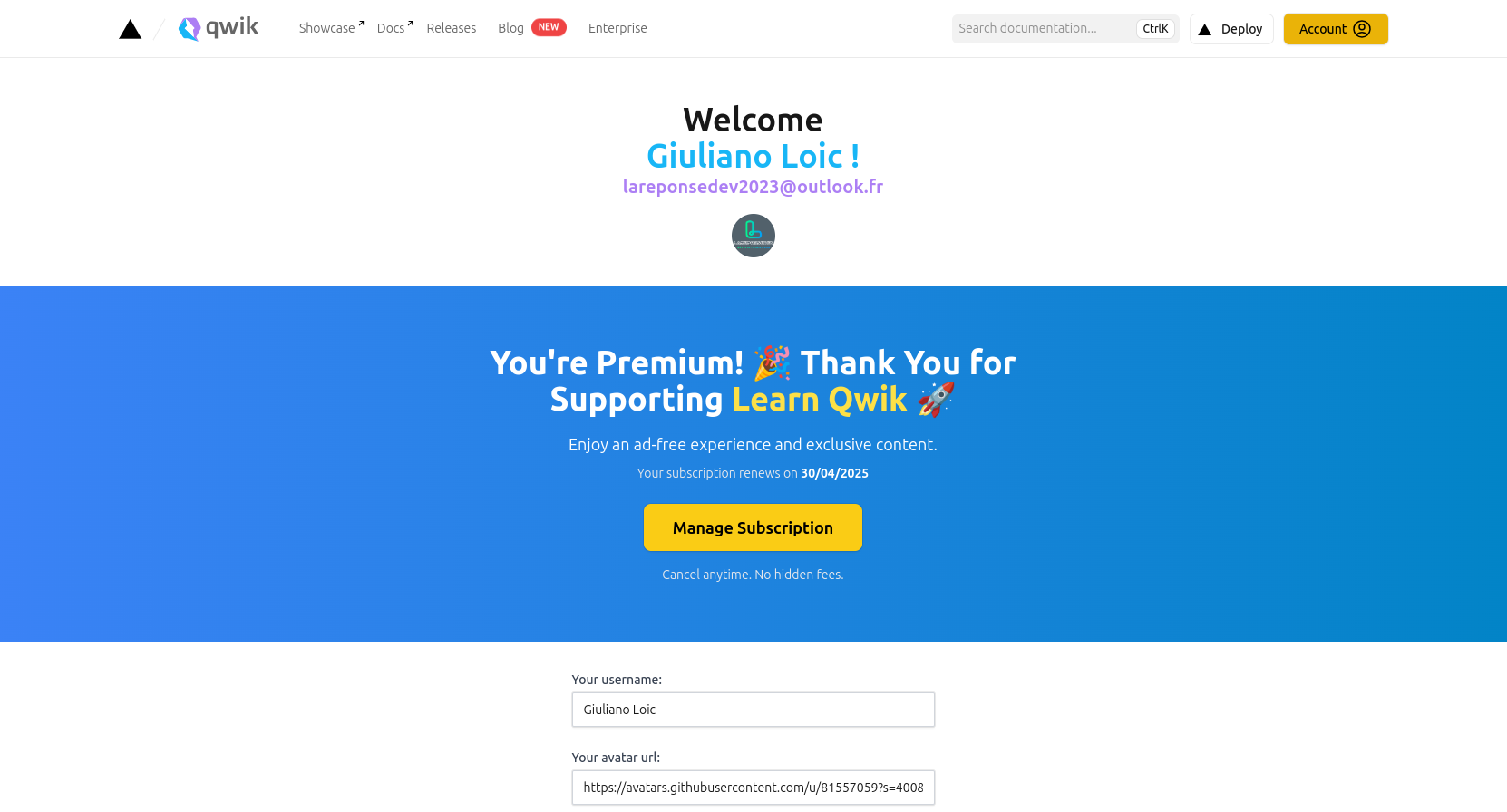 Aperçu de la page compte utilisateur Learn Qwik