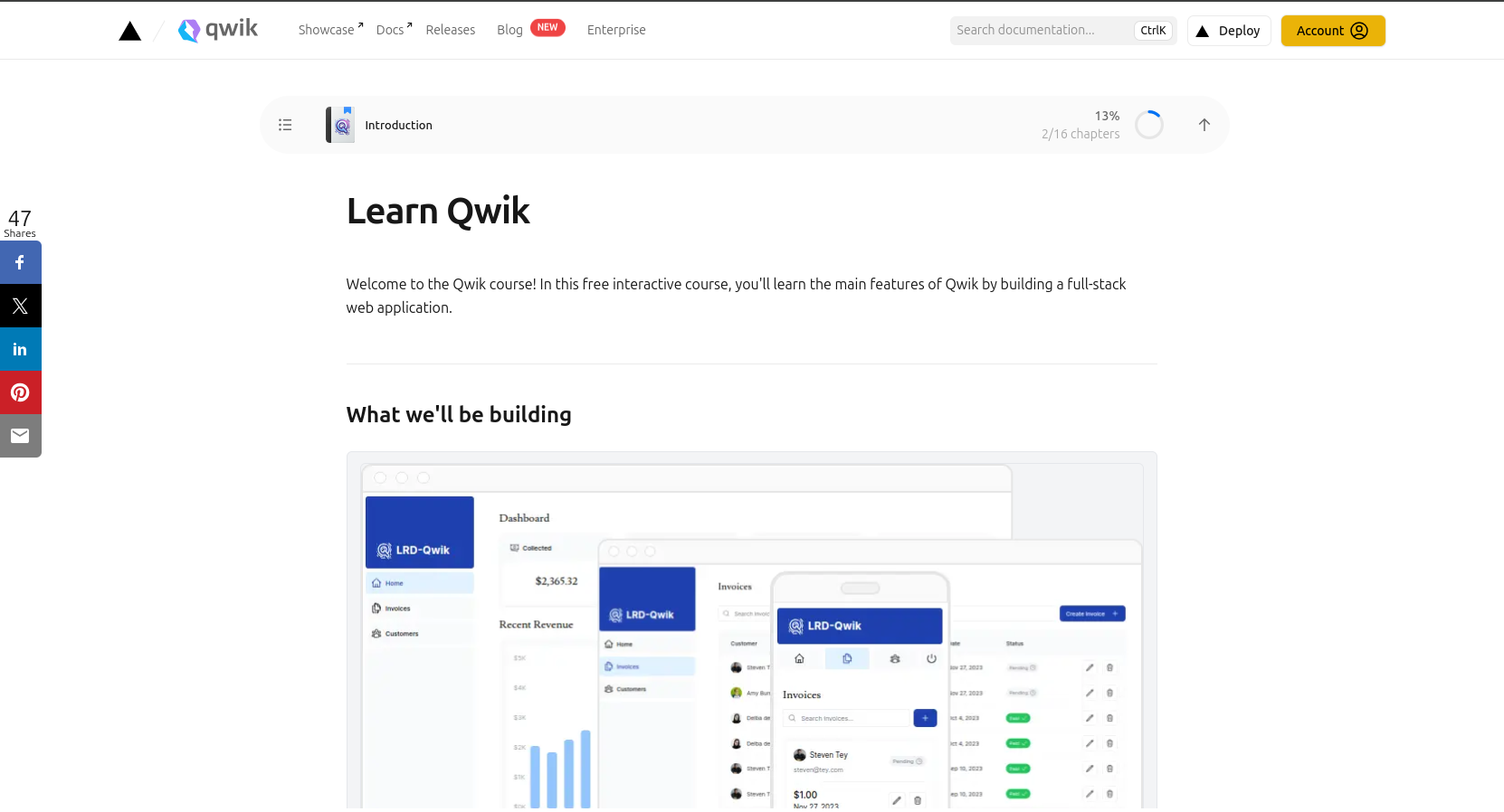 Aperçu des pages de chapitres Learn Qwik