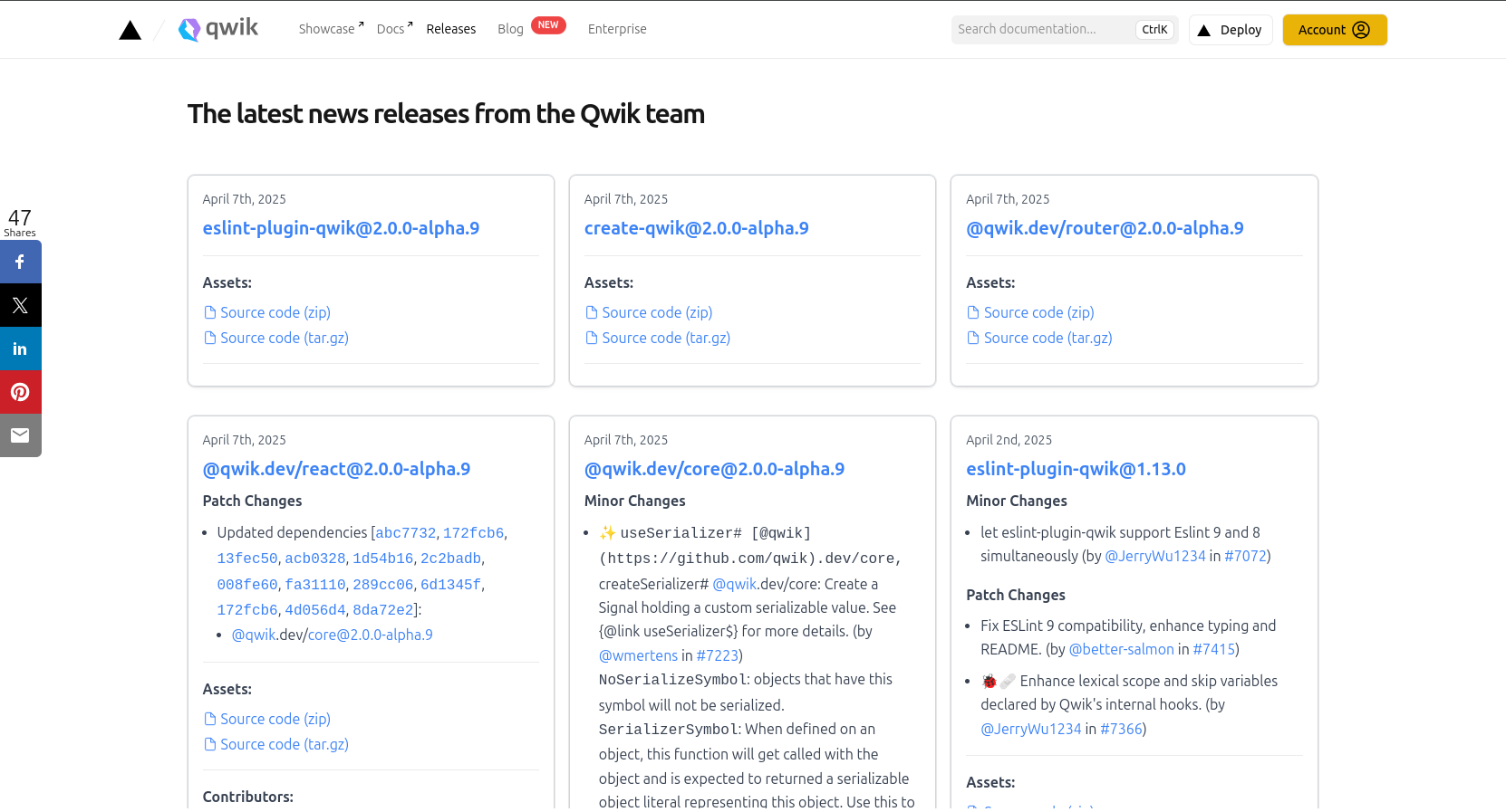 Aperçu de la page des releases Qwik