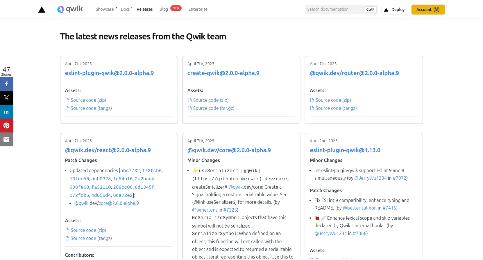 Aperçu de la page des releases Qwik