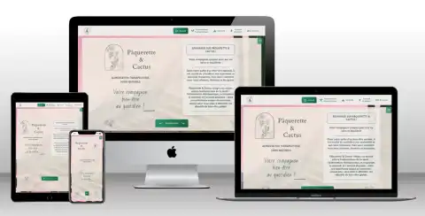 Interface responsive du site Pâquerette & Cactus, présentant une vitrine interactive pour une praticienne en bien-être naturel
