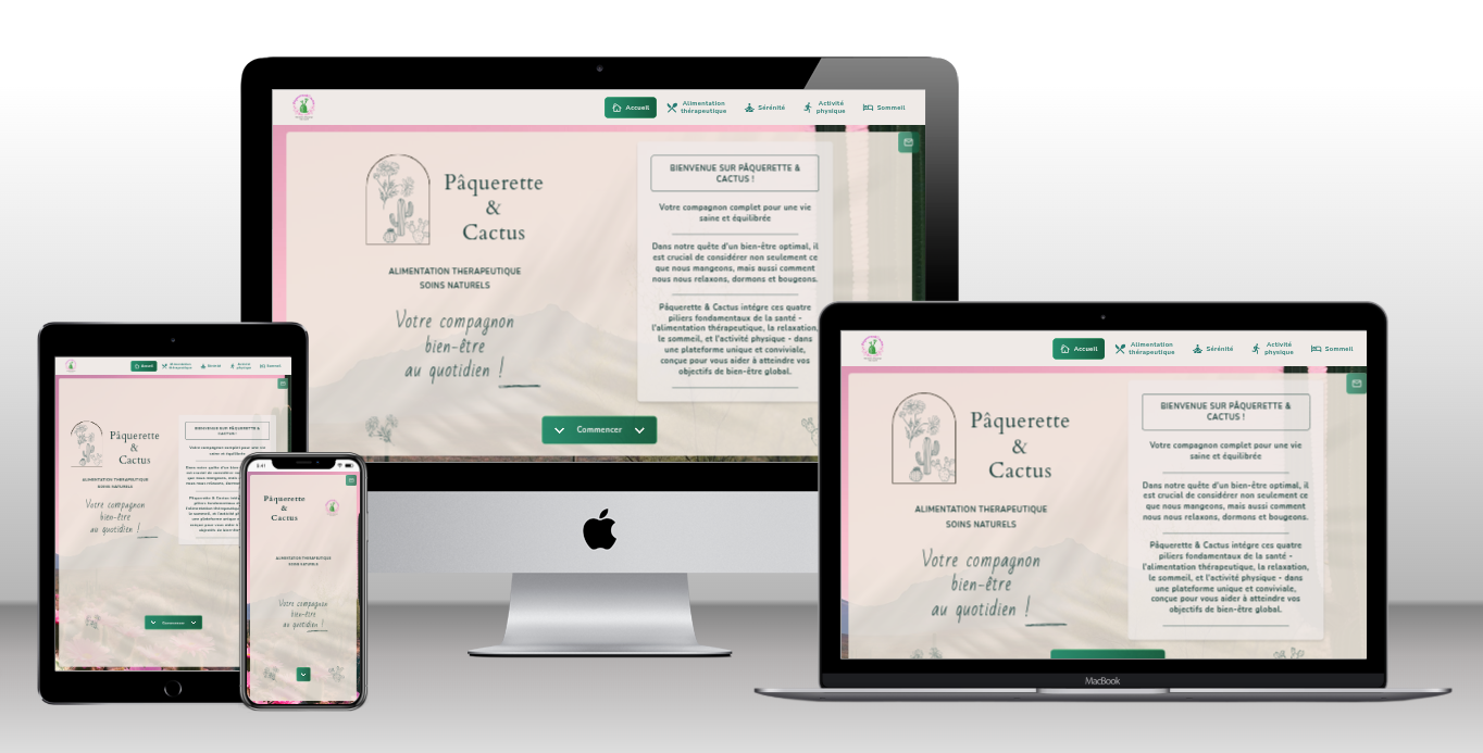 Aperçu de l’interface responsive de Pâquerette & Cactus sur plusieurs écrans