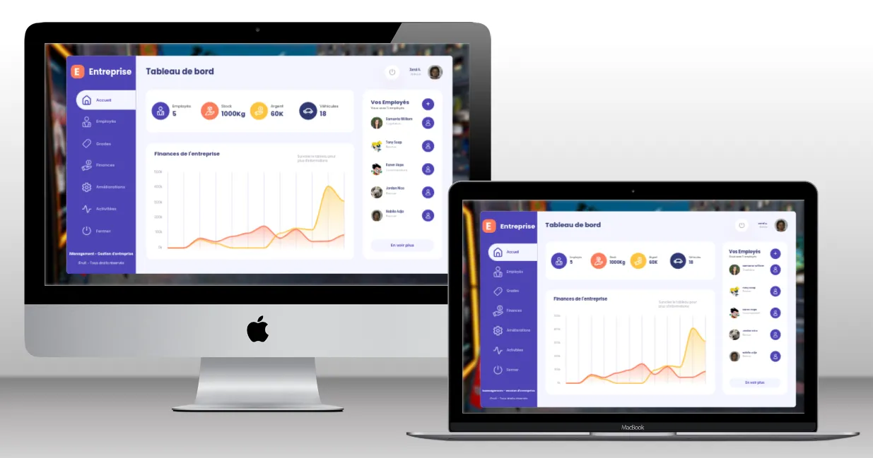 Tableau de bord de gestion d'entreprise pour la plateforme FiveM, interface moderne et fonctionnelle